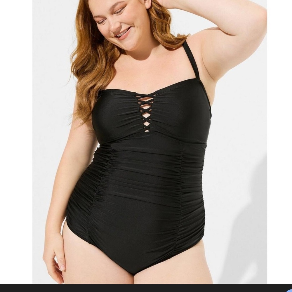 Torrid Black Ruched One-Piece Swimsuit with Lace-Up Front NWT